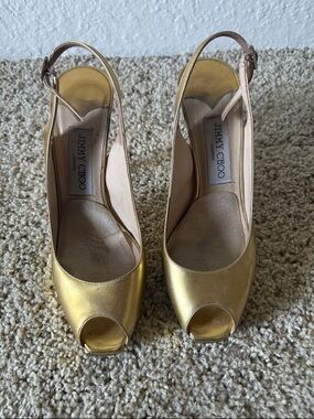 Jimmy Choo Metallic Gold Peep-Toe Slingback Heels
